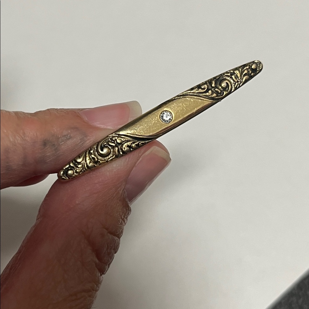 Victorian Revival Gold Bar Brooch with Filigree and Single Crystal - Picture 2 of 6